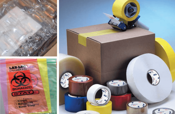 Packaging tape, foam, bubble strapping